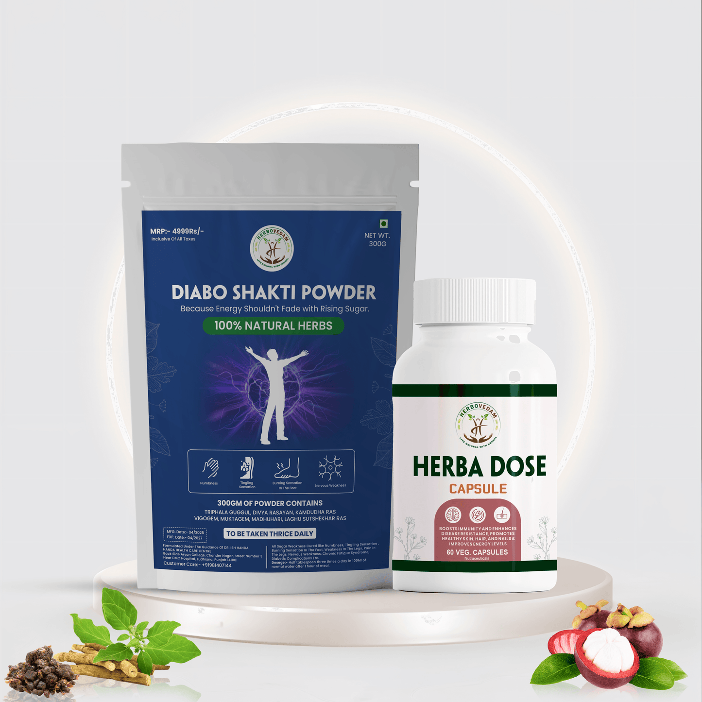 Herbovedam Diabo Shakti Kit featuring Diabo Shakti Powder and Herba Dose Capsules with natural herbs for managing sugar-related fatigue symptoms.