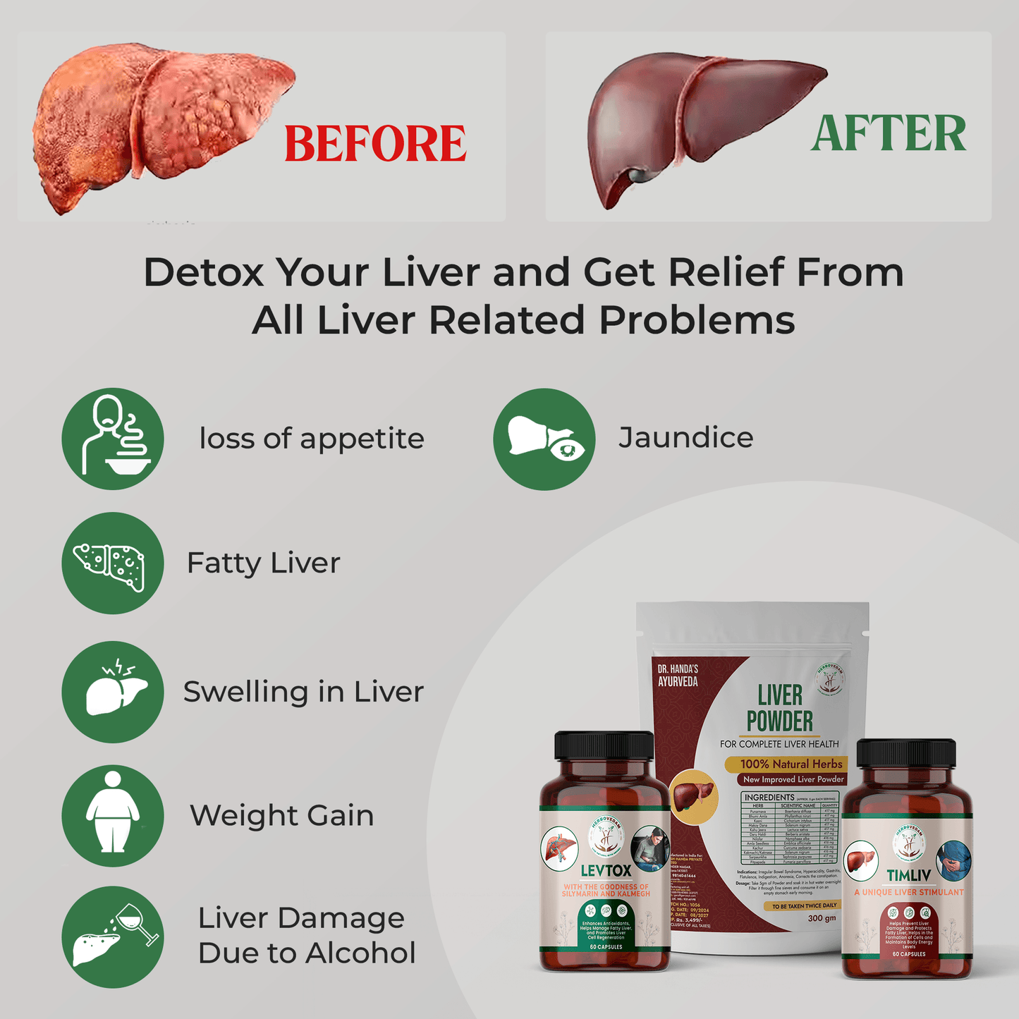 "before and after" comparison of a liver, with a diseased liver labeled "BEFORE" and a healthy one labeled "AFTER." It advertises liver supplements from "Dr. Handa's Ayurveda" and lists various liver problems the products claim to address.