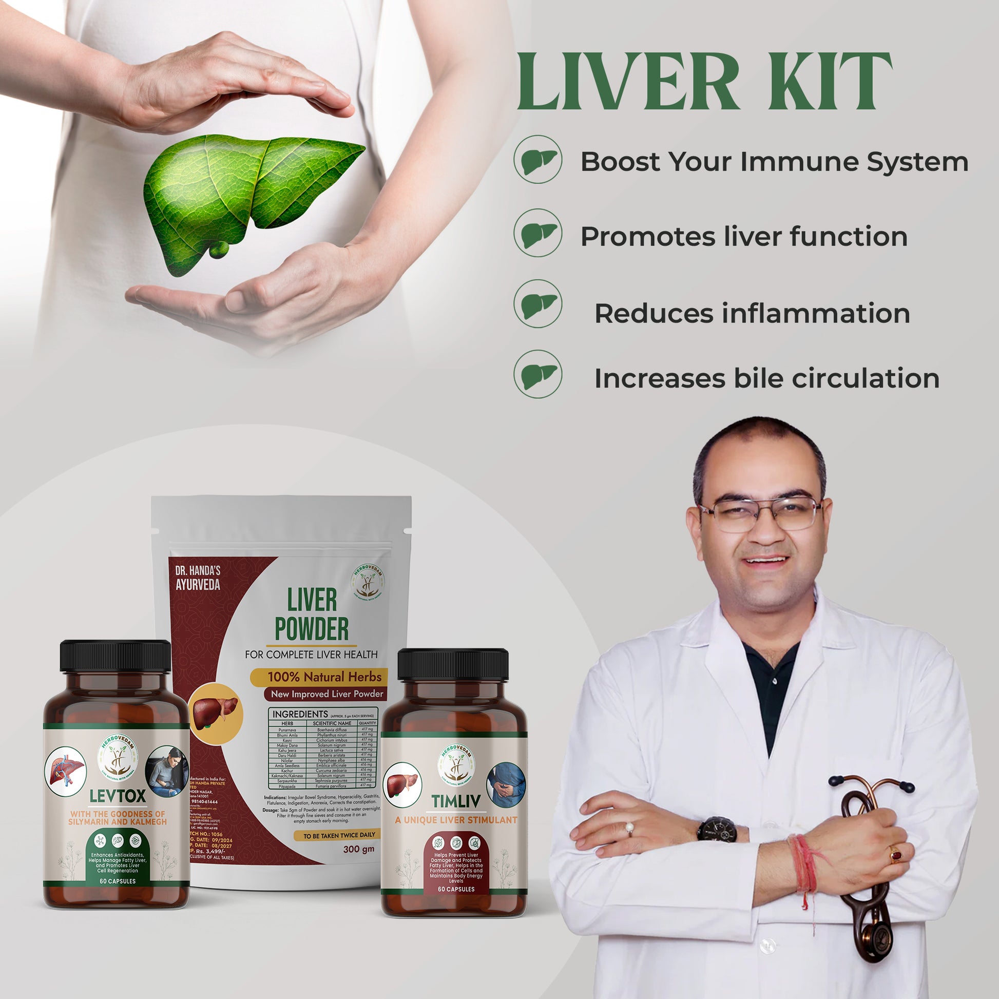 Herbovedam Liver Kit with Levtox capsules, Timliv capsules, and Liver Powder, featuring benefits like immune support, improved liver function, reduced inflammation, and better bile circulation, shown with a smiling doctor