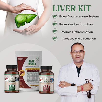 Herbovedam Liver Kit with Levtox capsules, Timliv capsules, and Liver Powder, featuring benefits like immune support, improved liver function, reduced inflammation, and better bile circulation, shown with a smiling doctor