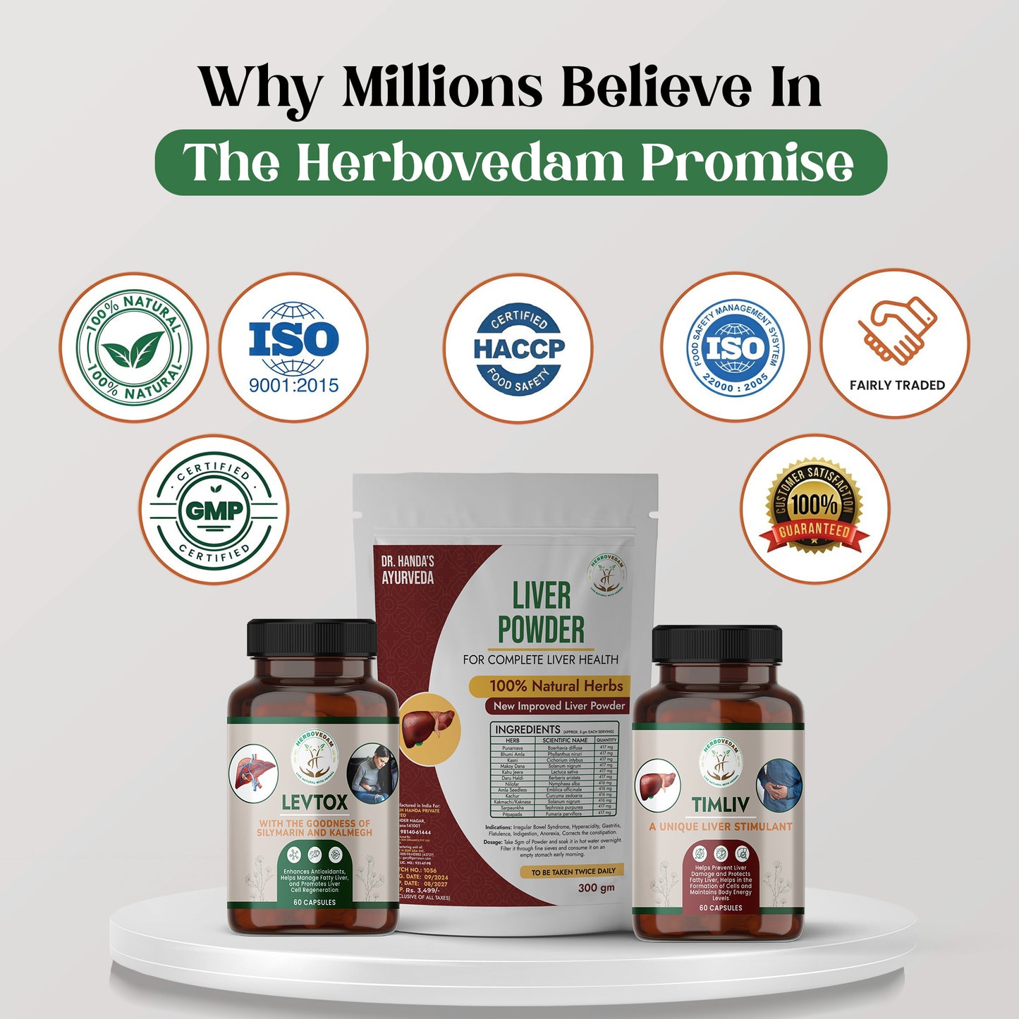 Herbovedam Liver Kit with Levtox capsules, Timliv capsules, and Liver Powder, featuring benefits like immune support, improved liver function, reduced inflammation, and better bile circulation,