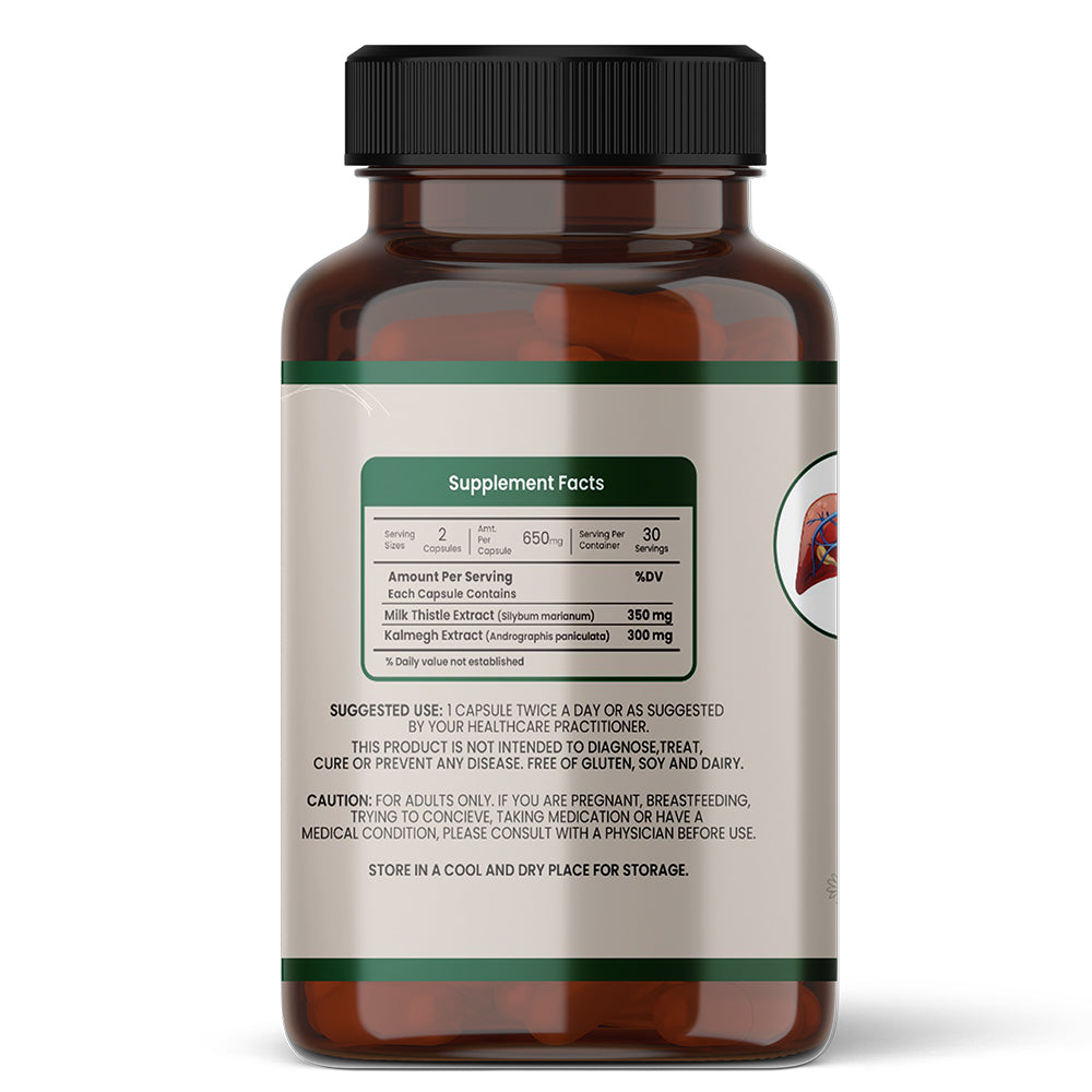 Back label of Herbovedam Levtox | Cleanse, Strengthen & Protect Your Liver showing supplement facts with Milk Thistle and Kalmegh extract. Herbal supplement for liver detox and protection.