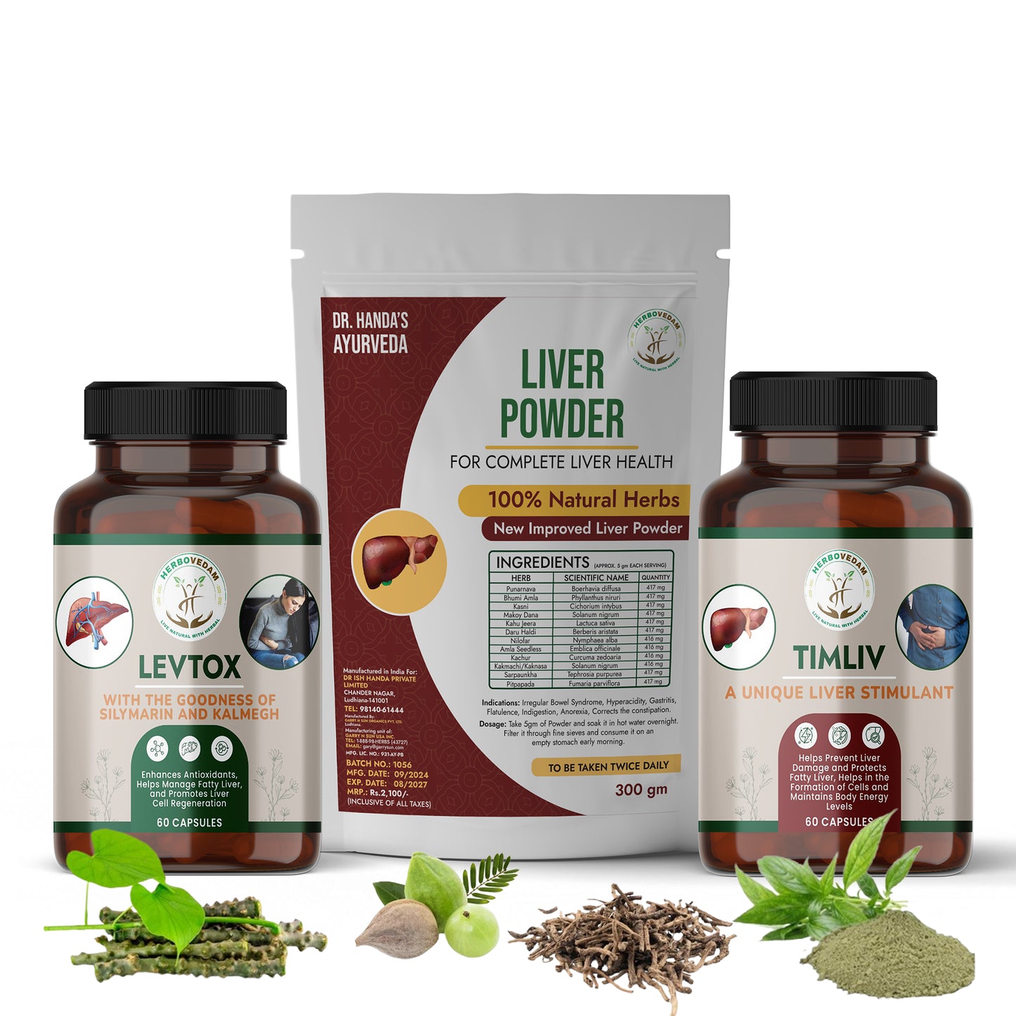 Herbovedam liver health kit with Levtox capsules, Timliv capsules, and 100% natural herbs liver powder