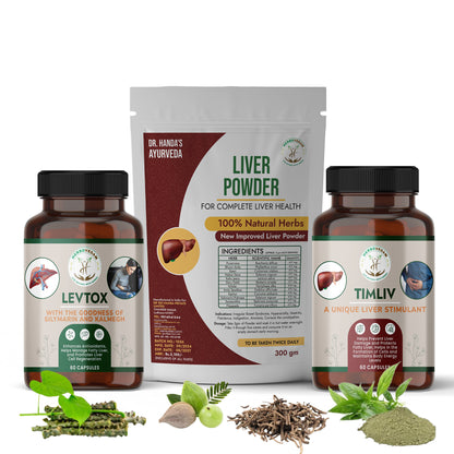 Herbovedam liver health kit with Levtox capsules, Timliv capsules, and 100% natural herbs liver powder