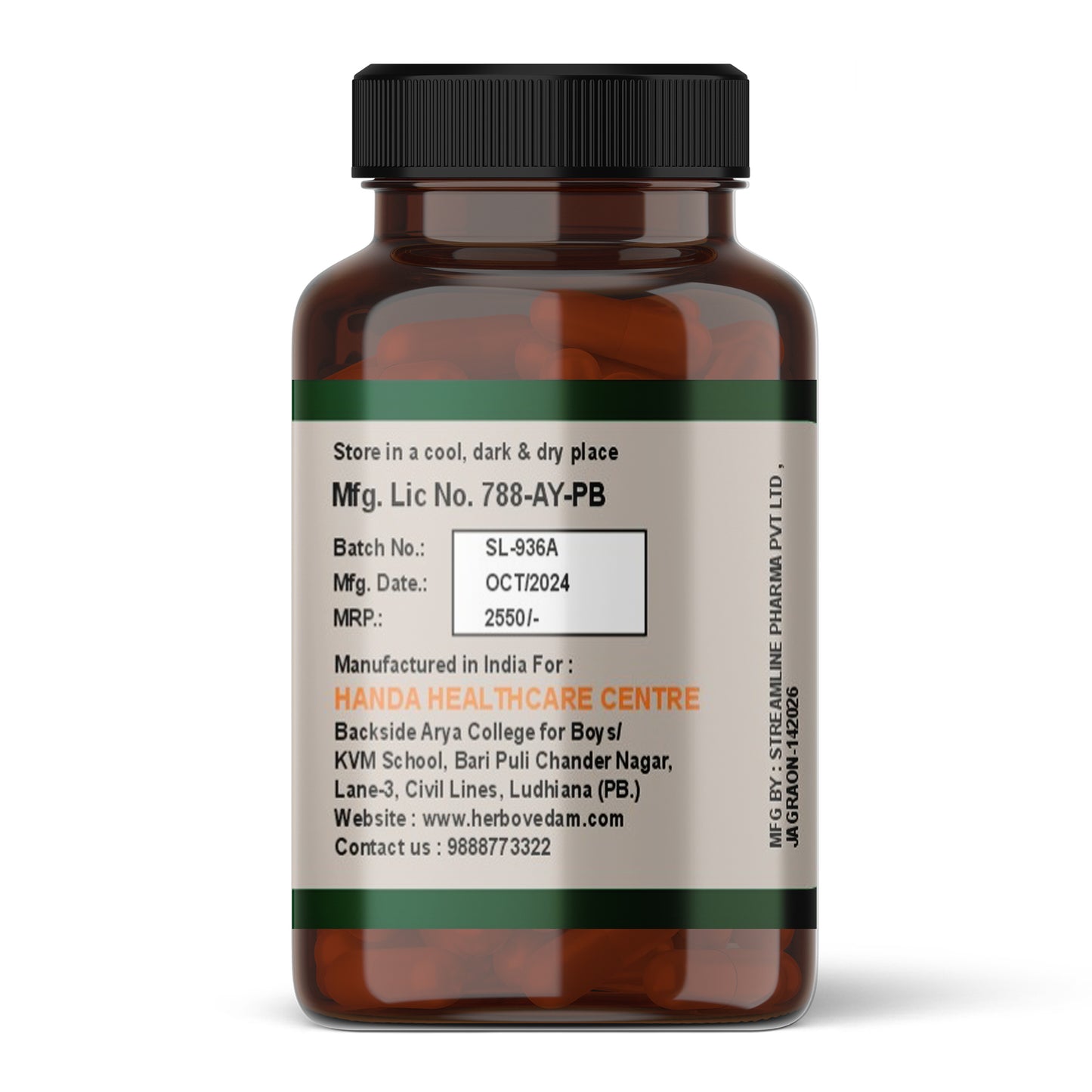 Back label of Herbovedam Power Booster bottle showing manufacturing details, batch number, expiry date, and manufacturer's address.