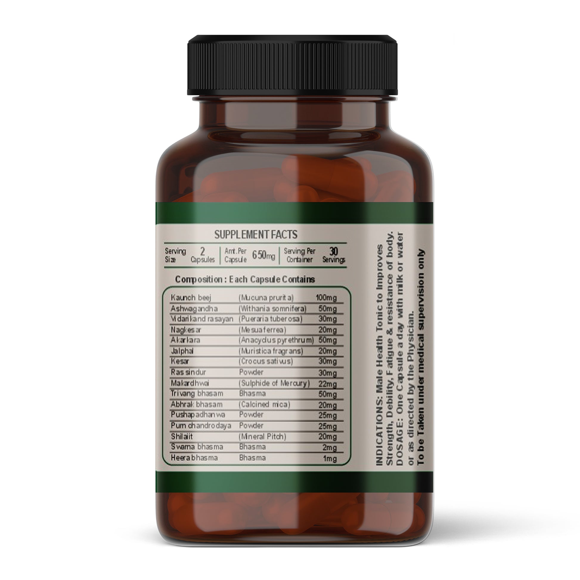 Back label of Herbovedam Power Booster showing supplement facts with Ayurvedic ingredients like Ashwagandha and Shilajit for strength and stamina.