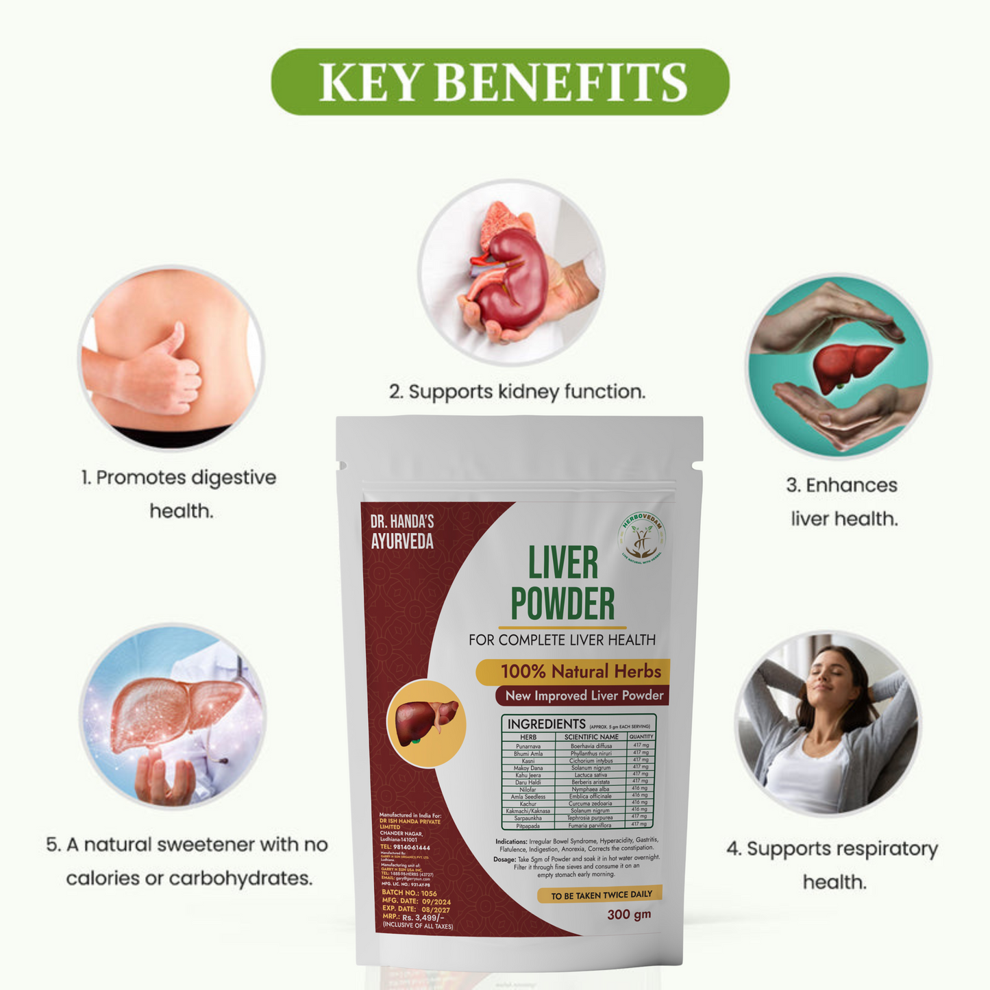 Image shown live powder kit for liver support with ingredients and benefits